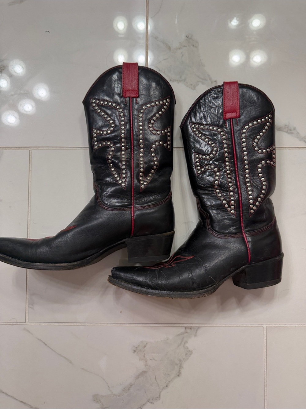 Frye Black Leather Western Boots with Red Interior and Red Stitching